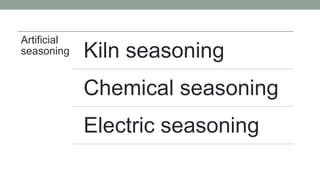 Artificial
seasoning Kiln seasoning
Chemical seasoning
Electric seasoning
 