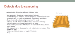Defects due to seasoning
Following defects occur in the seasoning process of wood:
• Bow- a curvature of the timber in the direction of its length.
• Case-hardening- it is due to the unequal drying of the exterior surfaces under
compression and the interior surfaces under tension due to rapid drying.
• Check - these reduce the shearing resistance of the wood.
• Collapse - the cells of timber are flattened due to excessive shrinkage.
• Cup- a curvature in the transverse direction of the timber.
• Honey-combing- separation of the fibers in the interior due to drying stresses.
• Radial shakes
• Split- separation of the fibers along the grain and extends from one end of the
plank to the other.
• Twist- a spiral distortion along the length of the timber.
• Warp
 