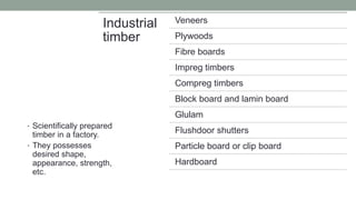 • Scientifically prepared
timber in a factory.
• They possesses
desired shape,
appearance, strength,
etc.
Industrial
timber
Veneers
Plywoods
Fibre boards
Impreg timbers
Compreg timbers
Block board and lamin board
Glulam
Flushdoor shutters
Particle board or clip board
Hardboard
 