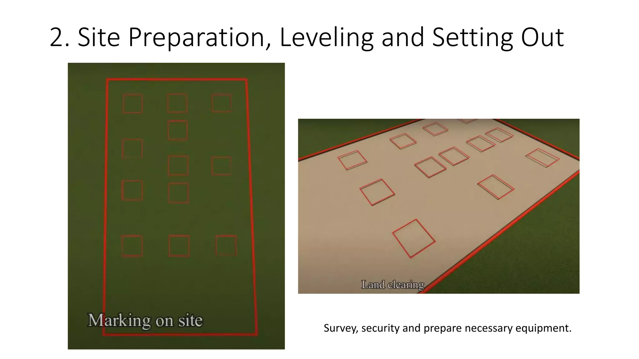 2. Site Preparation, Leveling and Setting Out
Survey, security and prepare necessary equipment.
 