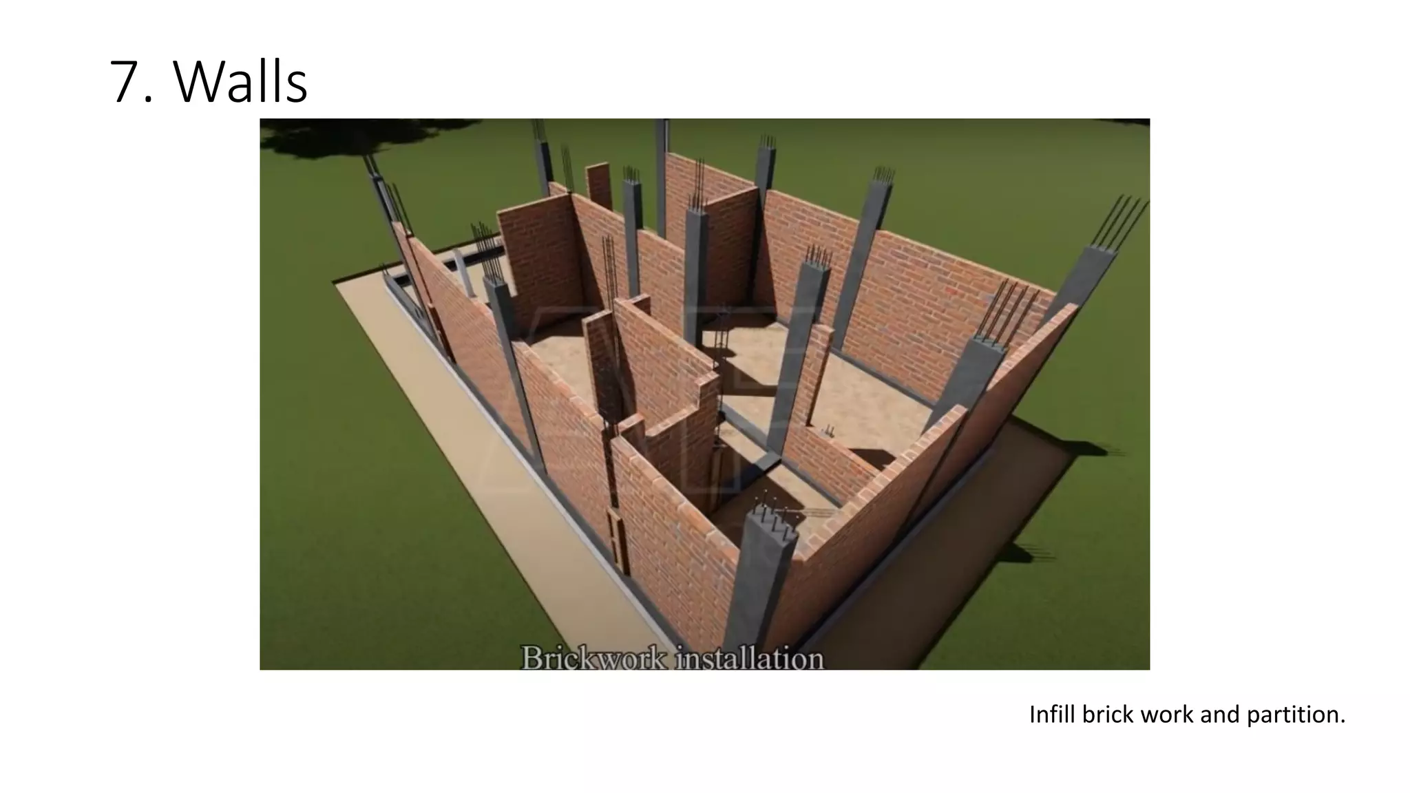 7. Walls
Infill brick work and partition.
 