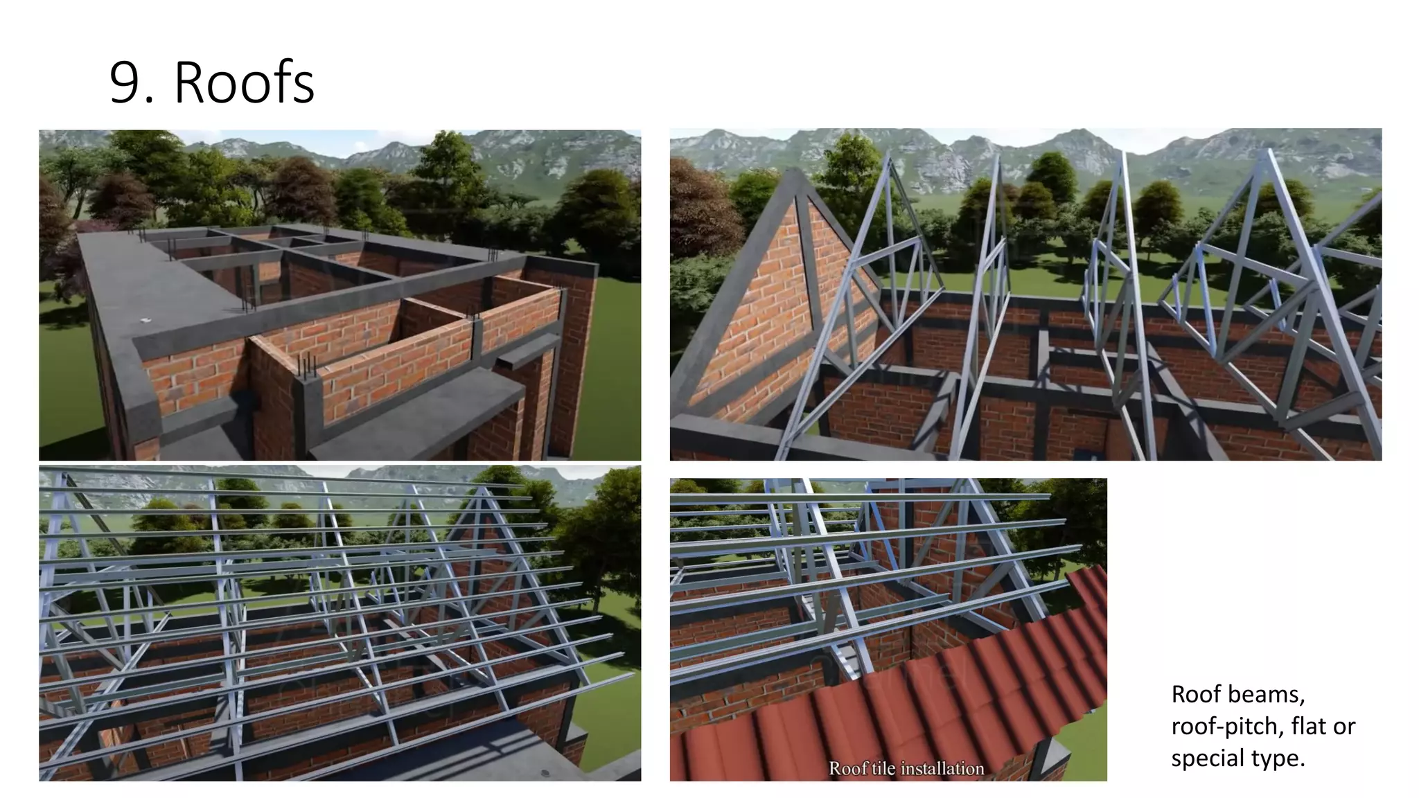 9. Roofs
Roof beams,
roof-pitch, flat or
special type.
 