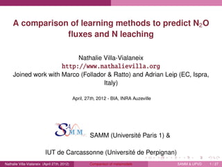 A comparison of learning methods to predict N2O
ﬂuxes and N leaching
Nathalie Villa-Vialaneix
http://www.nathalievilla.org
Joined work with Marco (Follador & Ratto) and Adrian Leip (EC, Ispra,
Italy)
April, 27th, 2012 - BIA, INRA Auzeville
SAMM (Université Paris 1) &
IUT de Carcassonne (Université de Perpignan)
Nathalie Villa-Vialaneix (April 27th, 2012) Comparison of metamodels SAMM & UPVD 1 / 27
 