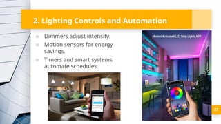 27
2. Lighting Controls and Automation
▪ Dimmers adjust intensity.
▪ Motion sensors for energy
savings.
▪ Timers and smart systems
automate schedules.
 