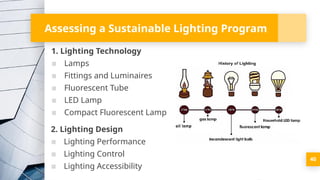 Assessing a Sustainable Lighting Program
2. Lighting Design
▪ Lighting Performance
▪ Lighting Control
▪ Lighting Accessibility
1. Lighting Technology
▪ Lamps
▪ Fittings and Luminaires
▪ Fluorescent Tube
▪ LED Lamp
▪ Compact Fluorescent Lamp
40
 