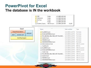 PowerPivot for Excel
The database is IN the workbook
Excel
PowerPivot Add-In
MSOLAP
AMO ADOMD.NET
VertiPaq Engine
 