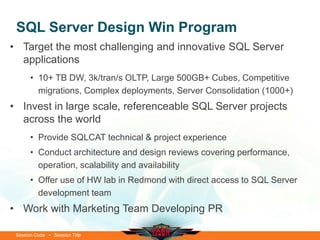 Session Code • Session Title
SQL Server Design Win Program
• Target the most challenging and innovative SQL Server
applications
• 10+ TB DW, 3k/tran/s OLTP, Large 500GB+ Cubes, Competitive
migrations, Complex deployments, Server Consolidation (1000+)
• Invest in large scale, referenceable SQL Server projects
across the world
• Provide SQLCAT technical & project experience
• Conduct architecture and design reviews covering performance,
operation, scalability and availability
• Offer use of HW lab in Redmond with direct access to SQL Server
development team
• Work with Marketing Team Developing PR
 