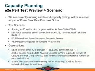 Session Code • Session Title
Capacity Planning
e2e Perf Test Preview > Scenario
• We are currently running end-to-end capacity testing; will be released
as part of PowerPivot Best Practices Guide
• Test Scenario
• Starting w/ 25 workbooks; range of workbooks from 3MB-400MB
• Dell R905 Windows Server 2008R2 64-bit, 64GB, 16 cores, local 15K disks
RAID 10
• ECS/PowerPivot Same Server vs. Separate Servers
• >1.5M queries executed in our tests for each run
• Observations
• SSAS queries small % of browser RT (e.g. 200-500ms for 30s RT)
• A lot of queries from ECS to Analysis Services in VertiPaq mode (by way of
OLEDB and PSS), e.g. 196-500 calls for small workbooks (factor is number of
parts and slicers)
• Size of workbooks small so memory not an issue (e.g. 10GB to SSAS);
network, disk counters minimal
 