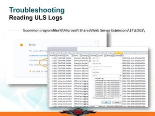 Troubleshooting
Reading ULS Logs
%commonprogramfiles%Microsoft SharedWeb Server Extensions14LOGS
 
