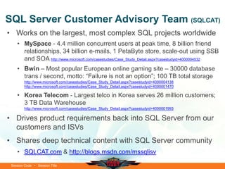 Session Code • Session Title
SQL Server Customer Advisory Team (SQLCAT)
• Works on the largest, most complex SQL projects ...