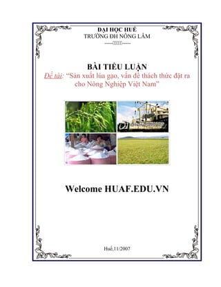 ĐẠI HỌC HUẾ
TRƯỜNG ĐH NÔNG LÂM
----------
BÀI TIỂU LUẬN
Đề tài: “Sản xuất lúa gạo, vấn đề thách thức đặt ra
cho Nông Nghiệp Việt Nam”
Welcome HUAF.EDU.VN
Huế,11/2007
 