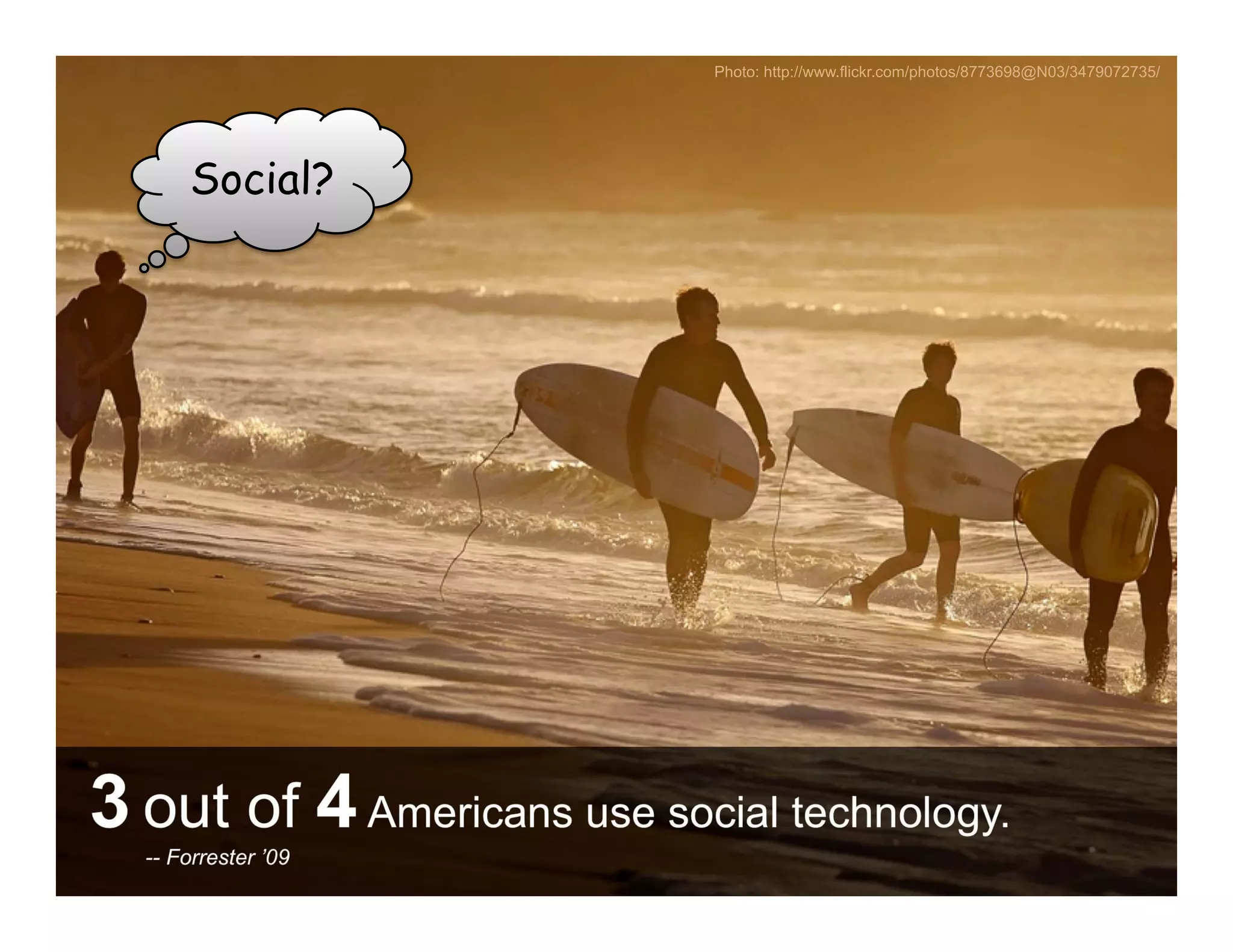 Photo: http://www.flickr.com/photos/8773698@N03/3479072735/




        Social?




3 out of 4 Americans use social technology.
   -- Forrester ’09
 ANTHOLOGYMARKETING.COM
 