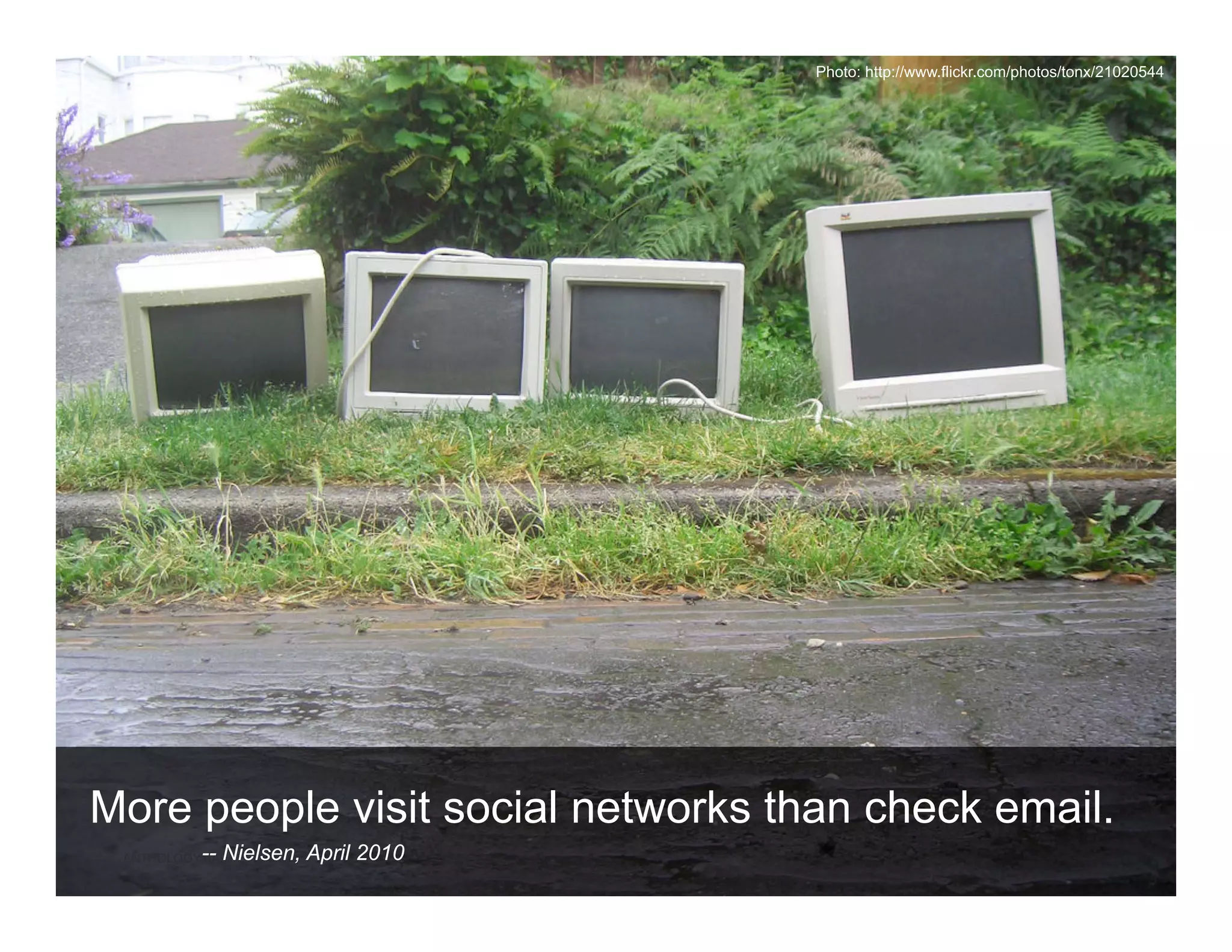 Photo: http://www.flickr.com/photos/tonx/21020544




More people visit social networks than check email.
          -- Nielsen, April 2010
 ANTHOLOGYMARKETING.COM
 