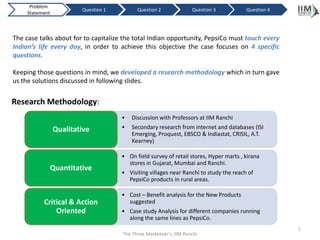 Problem
                          Question 1         Question 2              Question 3          Question 4
     Statement



The case talks about for to capitalize the total Indian opportunity, PepsiCo must touch every
Indian’s life every day, in order to achieve this objective the case focuses on 4 specific
questions.

Keeping those questions in mind, we developed a research methodology which in turn gave
us the solutions discussed in following slides.


Research Methodology:
                                       •   Discussion with Professors at IIM Ranchi
                 Qualitative           •   Secondary research from internet and databases (ISI
                                           Emerging, Proquest, EBSCO & Indiastat, CRISIL, A.T.
                                           Kearney)

                                       • On field survey of retail stores, Hyper marts , kirana
                                         stores in Gujarat, Mumbai and Ranchi.
                 Quantitative
                                       • Visiting villages near Ranchi to study the reach of
                                         PepsiCo products in rural areas.

                                       • Cost – Benefit analysis for the New Products
           Critical & Action             suggested
               Oriented                • Case study Analysis for different companies running
                                         along the same lines as PepsiCo.
                                                                                                      1
                                       The Three Marketeer's, IIM Ranchi
 