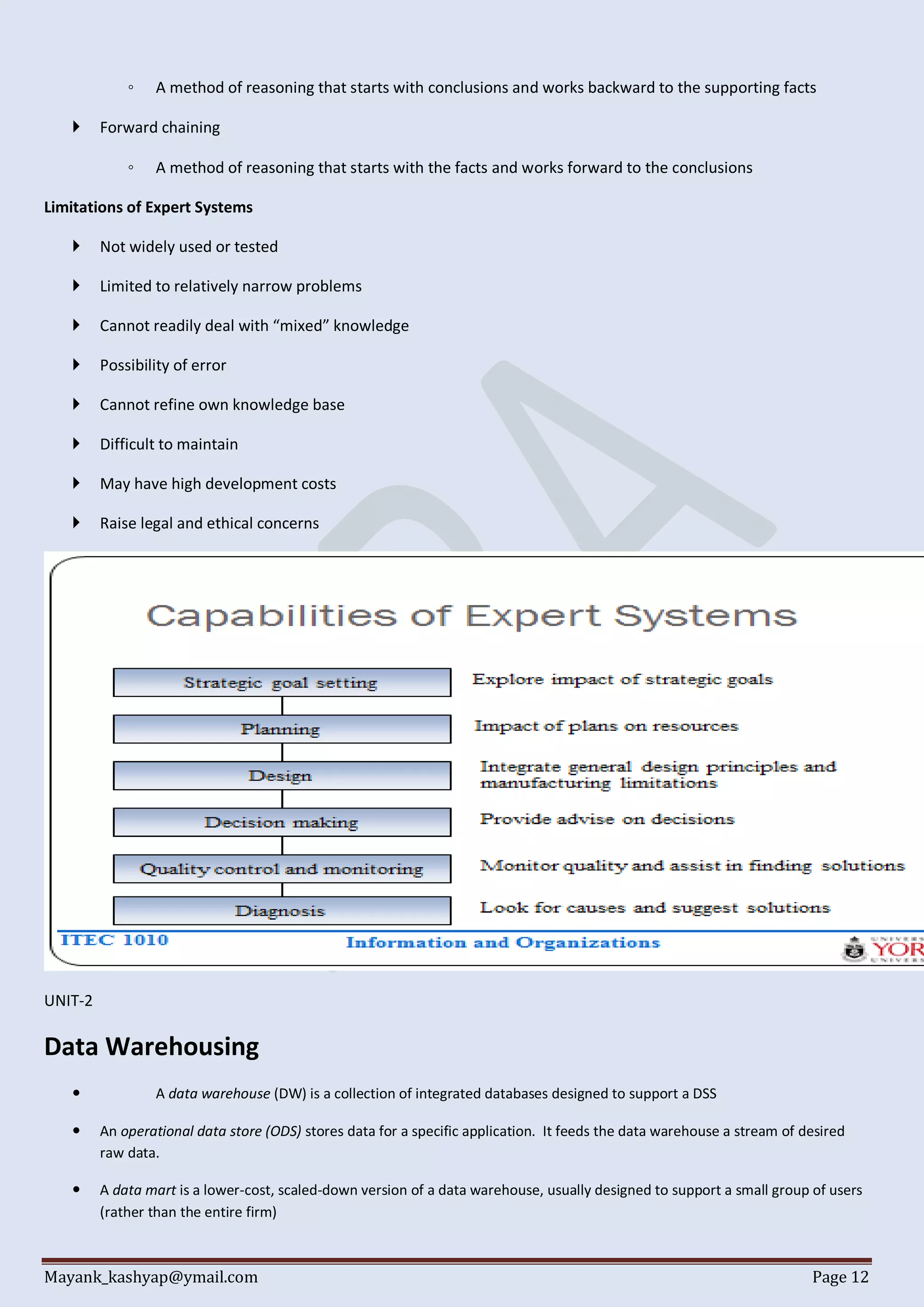 Mayank_kashyap@ymail.com Page 12
◦ A method of reasoning that starts with conclusions and works backward to the supporting facts
 Forward chaining
◦ A method of reasoning that starts with the facts and works forward to the conclusions
Limitations of Expert Systems
 Not widely used or tested
 Limited to relatively narrow problems
 Cannot readily deal with “mixed” knowledge
 Possibility of error
 Cannot refine own knowledge base
 Difficult to maintain
 May have high development costs
 Raise legal and ethical concerns
UNIT-2
Data Warehousing
 A data warehouse (DW) is a collection of integrated databases designed to support a DSS
 An operational data store (ODS) stores data for a specific application. It feeds the data warehouse a stream of desired
raw data.
 A data mart is a lower-cost, scaled-down version of a data warehouse, usually designed to support a small group of users
(rather than the entire firm)
 