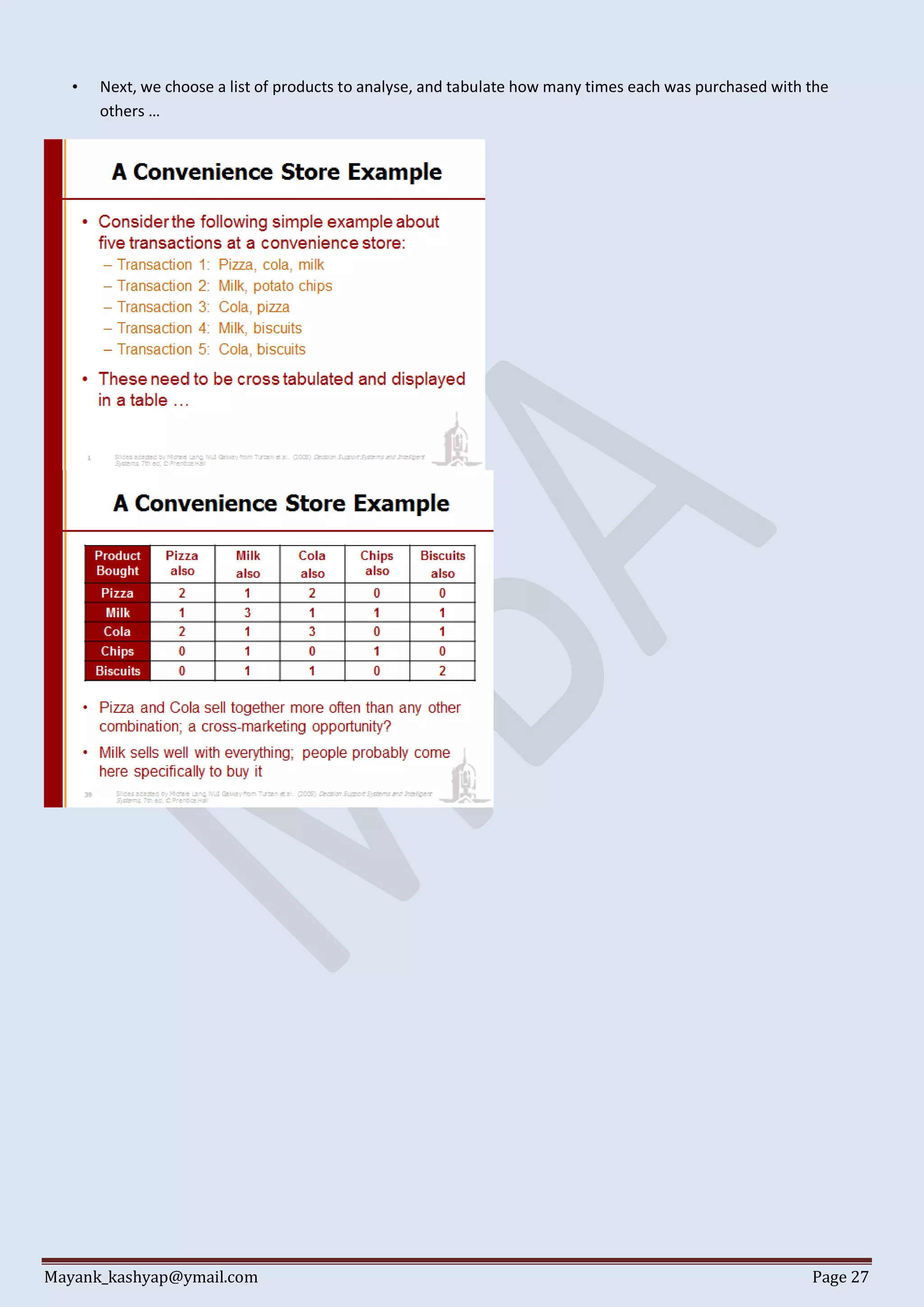 Mayank_kashyap@ymail.com Page 27
• Next, we choose a list of products to analyse, and tabulate how many times each was purchased with the
others …
 