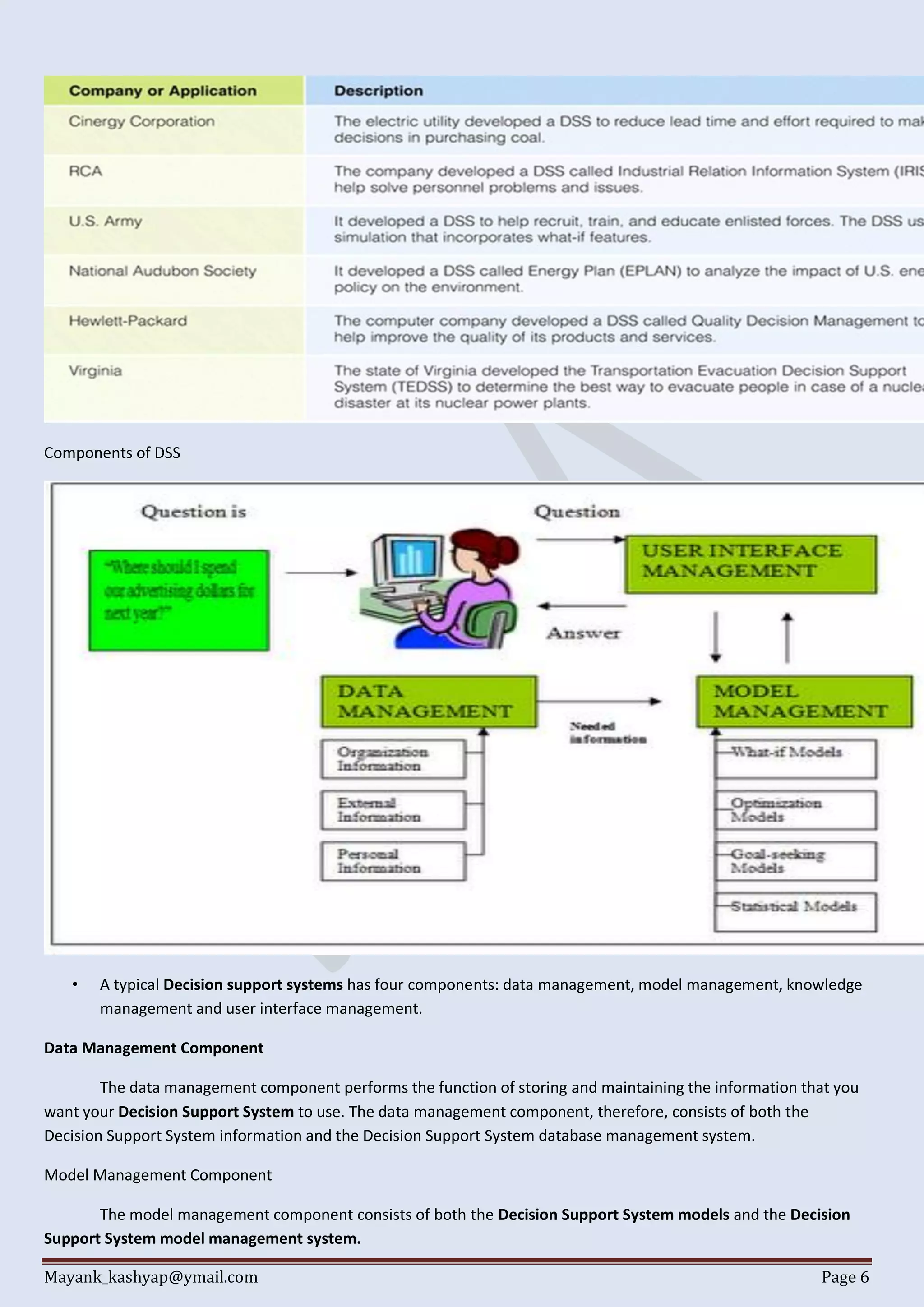 Mayank_kashyap@ymail.com Page 6
Components of DSS
• A typical Decision support systems has four components: data management, model management, knowledge
management and user interface management.
Data Management Component
The data management component performs the function of storing and maintaining the information that you
want your Decision Support System to use. The data management component, therefore, consists of both the
Decision Support System information and the Decision Support System database management system.
Model Management Component
The model management component consists of both the Decision Support System models and the Decision
Support System model management system.
 