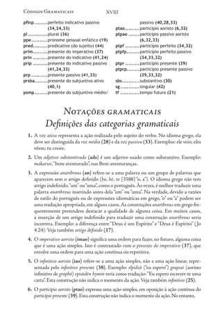 pfinp	��������perfeito indicativo passivo
(34,24,33)
pl	������������plural (36)
ppe	
����������pronome pessoal enfático (19)
pred	
���������predicativo (do sujeito) (44)
prim	
���������presente do imperativo (37)
prin	���������presente do indicativo (41,24)
prip	���������presente do indicativo passivo
(41,24,33)
prp	����������presente passivo (41,33)
prsba	
��������presente do subjuntivo ativo
(40,1)
psmp	��������presente do subjuntivo médio/
Notações gramaticais
Definições das categorias gramaticais
1. 	A voz ativa representa a ação realizada pelo sujeito do verbo. No idioma grego, ela
deve ser distinguida da voz média (28) e da voz passiva (33). Exemplos: ele veio; eles
vêem; tu creste.
2. 	Um adjetivo substantivado (ads) é um adjetivo usado como substantivo. Exemplo:
makarioi,“bem-aventurado”, nas Bem-aventuranças.
3. 	A expressão anarthrous (an) refere-se a uma palavra ou um grupo de palavras que
aparecem sem o artigo definido (ho, hē, to [3588] “o, a”). O idioma grego não tem
artigo indefinido,“um”ou“uma”, como o português.Às vezes, é melhor traduzir uma
palavra anarthrous inserindo antes dela“um” ou “uma”. Na verdade, devido a razões
de estilo do português ou de expressões idiomáticas em grego,“o” ou “a” podem ser
uma tradução apropriada, em alguns casos.As construções anarthrous em grego fre-
quentemente pretendem destacar a qualidade de alguma coisa. Em muitos casos,
a inserção de um artigo indefinido para traduzir uma construção anarthrous seria
incorreta. Exemplo: a diferença entre “Deus é um Espírito” e “Deus é Espírito” (Jo
4.24). Veja também artigo definido (17).
4. 	O imperativo aoristo (imao) significa uma ordem para fazer, no futuro, alguma coisa
que é uma ação simples. Isto é contrastado com o presente do imperativo (37), que
envolve uma ordem para uma ação contínua ou repetitiva.
5. 	O infinitivo aoristo (iao) refere-se a uma ação simples, não a uma ação linear, repre-
sentada pelo infinitivo presente (38). Exemplo: elpidzō (“eu espero”) grapsai (aoristo
infinitivo de graphō) epistolēn hymin teria como tradução:“Eu espero escrever-te uma
carta”. Esta construção não indica o momento da ação.Veja também infinitivo (25).
6. 	O particípio aoristo (ptao) expressa uma ação simples, em oposição à ação contínua do
particípio presente (39).Esta construção não indica o momento da ação.No entanto,
passivo (40,28,33)
ptao	���������particípio aoristo (6,32)
ptpao	�������particípio passivo aoristo
(6,32,33)
ptpf	���������particípio perfeito (34,32)
ptpfp	
��������particípio perfeito passivo
(34,33,32)
ptpr	���������particípio presente (39)
ptprp	�������particípio presente passivo
(39,33,32)
sbs	
�����������substantivo (30)
sg	������������singular (42)
tf	������������tempo futuro (21)
Códigos Gramaticais XVIII
 