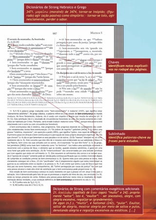 Dicionários de Strong com comentários exegéticos adicionais
21. avgallia,w (agalliaō) de a;gan (agan) “muito” e 242; propria-
mente “saltar”, isto é, “exultar”: – ser (excessivo), alegre, com
alegria excessiva, regozijar-se (grandemente).
De agan (n.f.), “muito”, e hallomai (242), “pular”. Exultar,
saltar de alegria, mostrar alegria por meio de saltos e pulos,
denotando alegria e regozijo excessivos ou estáticos. [...]
Chaves
Identificam notas explicati-
vas no rodapé das páginas.
Sublinhado
Identifica palavras-chave ou
frases para estudos.
Dicionários de Strong Hebraico e Grego
3471. morai,nw (morainō) de 3474, tornar-se insípido; (figu-
rado) agir (ação passiva) como simplório: – tornar-se tolo, agir
nesciamente, perder o sabor.
 