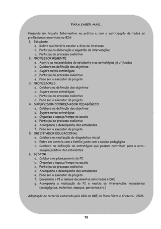 PARA SABER MAIS...


Pensando um Projeto Interventivo na prática e com a participação de todos os
profissionais envolvidos no BIA:
 1. Estudante
     a. Relata sua história escolar e área de interesse
     b. Participa na elaboração e sugestão de intervenções
     c. Participa do processo avaliativo
 2. PROFESSOR REGENTE
     a. Aponta as necessidades do estudante e as estratégias já utilizadas
     b. Colabora na definição dos objetivos
     c. Sugere novas estratégias
     d. Participa do processo avaliativo
     e. Pode ser o executor do projeto
 3. PROFESSORES
     a. Colabora na definição dos objetivos
     b. Sugere novas estratégias
     c. Participa do processo avaliativo
     d. Pode ser o executor do projeto
 4. SUPERVISOR/COORDENADOR PEDAGÓGICO
     a. Colabora na definição dos objetivos
     b. Sugere novas estratégias
     c. Organiza o espaço/tempo na escola
     d. Participa do processo avaliativo
     e. Acompanha o desempenho dos estudantes
     f. Pode ser o executor do projeto
 5. ORIENTADOR EDUCACIONAL
     a. Colabora na realização do diagnóstico inicial
     b. Entra em contato com a família junto com a equipe pedagógica
     c. Colabora na definição de estratégias que possam contribuir para a auto-
         imagem positiva dos estudantes
 6. GESTOR
     a. Colabora no planejamento do PI
     b. Organiza o espaço/tempo na escola
     c. Participa do processo avaliativo
     d. Acompanha o desempenho dos estudantes
     e. Pode ser o executor do projeto
     f. Encaminha o PI e demais documentos solicitados à DRE
     g. Acompanha a realização do PI e realiza as intervenções necessárias
         (pedagógicas, materiais, espaços, parcerias,etc.)

Adaptação de material elaborado pelo CRA da DRE do Plano Piloto e Cruzeiro , 2008.




                                       70
 