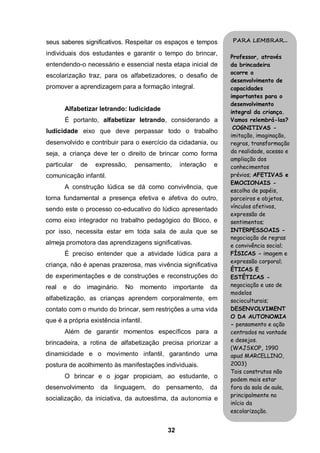 seus saberes significativos. Respeitar os espaços e tempos             PARA LEMBRAR...

individuais dos estudantes e garantir o tempo do brincar,
                                                                       Professor, através
entendendo-o necessário e essencial nesta etapa inicial de             da brincadeira
                                                                       ocorre o
escolarização traz, para os alfabetizadores, o desafio de
                                                                       desenvolvimento de
promover a aprendizagem para a formação integral.                      capacidades
                                                                       importantes para o
                                                                       desenvolvimento
       Alfabetizar letrando: ludicidade                                integral da criança.
       É portanto, alfabetizar letrando, considerando a                Vamos relembrá-las?
                                                                        COGNITIVAS -
ludicidade eixo que deve perpassar todo o trabalho
                                                                       imitação, imaginação,
desenvolvido e contribuir para o exercício da cidadania, ou            regras, transformação
seja, a criança deve ter o direito de brincar como forma               da realidade, acesso e
                                                                       ampliação dos
particular        de   expressão,     pensamento,     interação    e   conhecimentos
comunicação infantil.                                                  prévios; AFETIVAS e
                                                                       EMOCIONAIS -
       A construção lúdica se dá como convivência, que
                                                                       escolha de papéis,
torna fundamental a presença efetiva e afetiva do outro,               parceiros e objetos,
                                                                       vínculos afetivos,
sendo este o processo co-educativo do lúdico apresentado
                                                                       expressão de
como eixo integrador no trabalho pedagógico do Bloco, e                sentimentos;
por isso, necessita estar em toda sala de aula que se                  INTERPESSOAIS -
                                                                       negociação de regras
almeja promotora das aprendizagens significativas.                     e convivência social;
       É preciso entender que a atividade lúdica para a                FÍSICAS - imagem e
                                                                       expressão corporal;
criança, não é apenas prazerosa, mas vivência significativa
                                                                       ÉTICAS E
de experimentações e de construções e reconstruções do                 ESTÉTICAS -
real   e     do    imaginário.   No    momento      importante    da   negociação e uso de
                                                                       modelos
alfabetização, as crianças aprendem corporalmente, em                  socioculturais;
contato com o mundo do brincar, sem restrições a uma vida              DESENVOLVIMENT
                                                                       O DA AUTONOMIA
que é a própria existência infantil.
                                                                       - pensamento e ação
       Além de garantir momentos específicos para a                    centrados na vontade
brincadeira, a rotina de alfabetização precisa priorizar a             e desejos.
                                                                       (WAJSKOP, 1990
dinamicidade e o movimento infantil, garantindo uma                    apud MARCELLINO,
postura de acolhimento às manifestações individuais.                   2003)
                                                                       Tais construtos não
       O brincar e o jogar propiciam, ao estudante, o                  podem mais estar
desenvolvimento         da   linguagem,    do   pensamento,       da   fora da sala de aula,
                                                                       principalmente no
socialização, da iniciativa, da autoestima, da autonomia e
                                                                       início da
                                                                       escolarização.


                                                 32
 