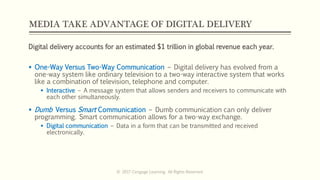 MEDIA TAKE ADVANTAGE OF DIGITAL DELIVERY
Digital delivery accounts for an estimated $1 trillion in global revenue each year.
 One-Way Versus Two-Way Communication – Digital delivery has evolved from a
one-way system like ordinary television to a two-way interactive system that works
like a combination of television, telephone and computer.
 Interactive – A message system that allows senders and receivers to communicate with
each other simultaneously.
 Dumb Versus Smart Communication – Dumb communication can only deliver
programming. Smart communication allows for a two-way exchange.
 Digital communication – Data in a form that can be transmitted and received
electronically.
© 2017 Cengage Learning. All Rights Reserved.
 