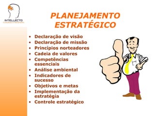 PLANEJAMENTO ESTRATÉGICO Declaração de visão Declaração de missão Princípios norteadores Cadeia de valores Competências essenciais Análise ambiental Indicadores de sucesso Objetivos e metas Implementação da estratégia Controle estratégico 