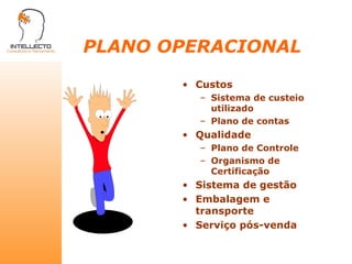 PLANO OPERACIONAL Custos Sistema de custeio utilizado Plano de contas Qualidade Plano de Controle Organismo de Certificação Sistema de gestão Embalagem e transporte Serviço pós-venda 