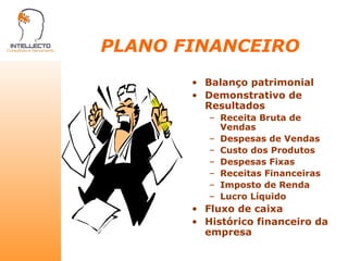 PLANO FINANCEIRO Balanço patrimonial Demonstrativo de Resultados Receita Bruta de Vendas Despesas de Vendas Custo dos Produtos Despesas Fixas Receitas Financeiras Imposto de Renda Lucro Líquido Fluxo de caixa Histórico financeiro da empresa 