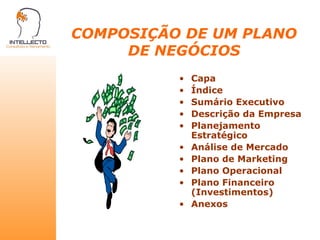 COMPOSIÇÃO DE UM PLANO DE NEGÓCIOS Capa Índice Sumário Executivo Descrição da Empresa Planejamento Estratégico Análise de Mercado Plano de Marketing Plano Operacional Plano Financeiro (Investimentos) Anexos 