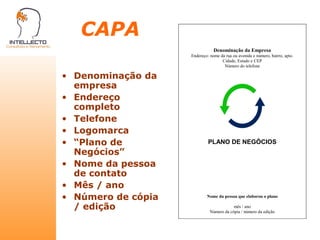 CAPA Denominação da empresa Endereço completo Telefone Logomarca “ Plano de Negócios” Nome da pessoa de contato Mês / ano Número de cópia / edição 