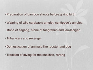 • Preparation of bamboo shoots before giving birth
• Wearing of wild carabao’s amulet, centipede’s amulet,
stone of sagang, stone of tangraban and lao-laoigan
• Tribal wars and revenge
• Domestication of animals like rooster and dog
• Tradition of diving for the shellfish, rarang
 