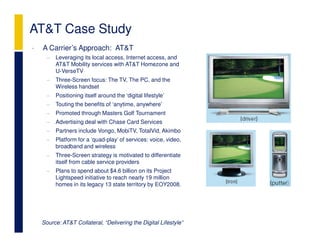 AT&T Case Study
•   A Carrier’s Approach: AT&T
      −   Leveraging its local access, Internet access, and
          AT&T Mobility services with AT&T Homezone and
          U-VerseTV
      −   Three-Screen focus: The TV, The PC, and the
          Wireless handset
      −   Positioning itself around the ‘digital lifestyle’
      −   Touting the benefits of ‘anytime, anywhere’
      −   Promoted through Masters Golf Tournament
      −   Advertising deal with Chase Card Services
      −   Partners include Vongo, MobiTV, TotalVid, Akimbo
      −   Platform for a ‘quad-play’ of services: voice, video,
          broadband and wireless
      −   Three-Screen strategy is motivated to differentiate
          itself from cable service providers
      −   Plans to spend about $4.6 billion on its Project
          Lightspeed initiative to reach nearly 19 million
          homes in its legacy 13 state territory by EOY2008.




    Source: AT&T Collateral, “Delivering the Digital Lifestyle”
 