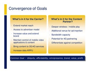 Convergence of Goals

     What’s in it for the Carrier?          What’s in it for the Content
                                                      Partner?
 •   Extend market reach
                                        •   Deeper wireless / mobile play
 •   Access to advertiser model
                                        •   Additional venue for ad-insertion
 •   Increase value and extend
                                        •   Bandwidth capacity
     brand
                                        •   Potential for 4G partnering
 •   Maintain control of mobile video
     applications & content             •   Differentiate against competition
 •   Bring content to 3G/4G services
 •   Increase data ARPU


Common Goal - Ubiquity, affordability, omnipresence, brand, value, profit.
 