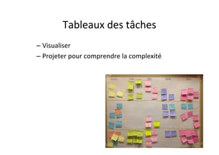 Tableaux des tâches
– Visualiser
– Projeter pour comprendre la complexité
 
