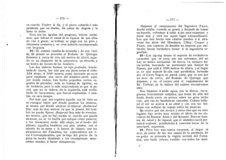 276
su cuerda. Vuelve al fin, y el perro cobarde d mds
prudente que su duefio, da saltos de alegn'a y le
lame la raano.
Esos son las dguHas del progreso, hdroes andni-
raos, que labran el canal de la riqueza de que ellos
no van d gozar; su trabaje se paga cen un peso y
cincuenta centavos y se cree haberle recorapensado
con largueza.
24—El caraino carabia de montafia y da una vuel-
ta; de pronto se presenta el Rodado de Quiroga.
Estamos d cerca de tres mil metres de altura; aque-
llo es un disparate de la naturaleza, un absurdo, y
un teatro de locura de Ios hombres.
Las dos laderas forman un tajo profundo, hendo-
nada de sierra, tan alto que sus pices tocan al cielo.
Alld abajo, d 3400 raetros, estan haciendo un corte
para eraplazar una torre del alarabre-carrH; aqui,
por donde vamos, han hecho pequefios cortes, se-
guidos de pircades; todo es trabajo de aguila.s, no
de hombres; pero lo rads sorprendente es que la pa-
red, que no es ladera, de la izquierda, estd acribi-
Ilada de boca-rainas, que fueron expletadas d cata-
das .en otro tierapo.
Per rads que uno registra aquello con la vista no
se consigue saber per ddnde pasaron les raineros,
ni menes por ddnde sacaron el mineral. iSubieren?
Hay rads de cien raetros en que la planta del hora-
bre no puede fijarse. <;Bajaron? Son rads de trescien-
tos raetros, que no hay escala ni cuerda que pueda
alcanzar, ne se ve huella que indique cdmo pasaron;
y les desmontes estdn alld abajo, en el fondo del
abismo; aqueHos hombres cen pies alados, con el
talente de la mina y la fuerza de titanes, son los
pirquineros del Famatina; los expleradores sin ri-
val d irreemplazables, que la baja del precio de la
plata ha heche disrainuir y las recorapensas mise-
rables tienden d hacer desaparecer.
— 277 —
Bajaraos al caraparaento del Ingeniero Faure,
donde estaba reunida su gente, y despuds de tomar
un becado, volvemes a subir d pie para examinar y
rairar una y otra vez aquel lugar extraordinario.
Los que han hecho este camino pueden ir d atra-
vesar los pices del Himalaya; Cilley, Cooper y
Faure, son capaces de desafiar ne importa que obs-
tdculo; hacen verdadero honor a la ingenieria ar-
gentina.
25—Los zig-zag tienen el aspecto de vei'daderos
caracoles que se unen por sus extreraos; aHi ne
haj' un raetro horizontal de tierra; va siempre ha-
cia arriba, buscando un portezuelo que llaman de
Illanes, que estd d 3900 raetros de altura, y al llegar
se ve una especie de olla casi parabdHca, forraada
por el Cerro Negro; su pared oeste, que se une por
un arco de cerro, del Rodado de Quiroga que
dejaraos, y en el centro estd el campamento de
Mr. Treloar; en la ladera del camino encontramos
otre,
Nes bajaraos a pedir agua; nos la dieron ferru-
ginosa, francaraente estiptica, que traen de alld del
fondo donde corre un arroyo sobre un gran leche
rojo, que cae en fantdsticas cascadas, Cudnta belle-
za! el sol se acerca a su cdnit y cae con luz bri-
llante con reflejos de espejo sobre las pizarras.
]|e ocurre que ese arroyo y otros cien que en esos
lugares hay serdn muy pronto el alivio de los clo-
rdtices de Buenos Aires y del Rosario. Nuevas fuen-
tes de salud y de riqueza que el alambre-carril per-
raitird explotar, ponidndolas d cuarenta horas de la
metrdpeli argentina,
26—Pero hay una nueva sorpresa; al Hegar al
arco de unidn de las dos ramas de la pardbela, de
un golpe se presenta la regidn nevada del Fama-
tina, una hada celeste, vestida con todos los mati-
 