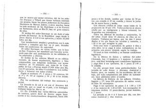 — 354 —
que se mueve per motor eldctrico; del de los sefio-
res Ducasse y Tfllard que tienen turbinas hidrduli-
cas propias, hasta los menos pederdsos de Escudero
Hermanos en Marcos Judrez, y otros muchos, hasta
Ios mds modestos de las Hudrfanas y el de Ferrero
en Sarmiento, otros en Rlo IV; hay un gran niimero
de elles.
El molino del sefior Iturraspe es sin duda el mds
grande del Interior de la Republica: paga desde 6
pesos diarios d 1,50 d sus operarios, 3' muele 50,000
kilos per dla.
Las instalaciones amplias y grandiesas sen Io mds
perfecte y completo que hay en el pals; llenadas
todas las condiciones de seguridad.
El sefior Iturraspe, en varias visitas que le hice
en San Francisco, me manifestd que buscaba la fdr-
mula para dar una participacidn en las utilidades a
les empleados y obreros.
El molino de los seflores Minetti es un edificio
reeiente, de buena arquitectura, higidnico y bien
comprendido, con mdquinas modernas, cen motor
eldctrico de 75 kilovs^atts que toma de la Com-
pafifa de Luz y Fuerza; muele 27,000 kilos por. dfa,
con 25 operarios, de ellos 15 extranjeros. Los estiba-
dores y bolseros sen todos criollos.
Pagan al moHnere 1°, 2 pesos y 50 centaves, 90
al 2° y 30 60 al capataz y 50 y 40 d los demds
obreros.
Por los accidentes del trabajo dan asistencia y
jornal.
La jornada es de sol d sol con el descanso del
medio dfa, que es usual en el pafs, 3' los domingos
trabajan hasta las diez a. m.
il—En Cdrdoba hay varias fdbricas patentadas
de venenos, quiero decir de liceres; pagan buen
sueldo d Ios confeccionadores droguistas, hasta 200
— 355 —
pesos y d los demds, sueldos que varian de 50 pe-
sos con comida d 40 sin comida, y tienen la jorna-
da de nueve horas y media.
Los obreros criollos en estas casas estdn en la
proporcidn de 30 por 100. Todos prefieren al obrero
criollo por su inteligencia y buena voluntad; les
droguistas son extranjeros.
Entre las fdbricas de escobas y canasterfas, la
del seflor Conti tiene 15 obreros, de ellos un ex-
tranjero. Trabajan por tantos, que les dan 3 pesos
diarios d los que hacen las escobas y canastos, y
1.20 d Ios que arreglan la paja.
Esta casa tiene 3 aprendices de quince a diez y
ocho aflos; no se paga A estes trabajadores en los
primeros seis meses; despuds segiin su trabajo.
El local es bien ventilado y en buenas condiciones
higidnicas.
En la fdbrica de dulces y tabletas del sefior
Chammds, hay 11 hembres y 3 mujeres: 1 extran-
jero; estd bien instalad^ como condiciones higidnicas
y paga bien d sus operarios, de 3 pesos d 1.40 y
la comida.
Le cite porque tiene estas particularidades: La
jornada de ocho horas; y descanso dominical y
festive; pero, en cambio, en los accidentes del tra-
bajo, por tode cumplimiento del deber de indemni-
zar, hace adelantes sobre el sueldo.
La fdbrica de fdsfores de les sefiores Urtubey,
Sagalds y C^, tiene 350 operarios de ambos sexos,
de eflos 50 extranjeros.
Paga d los operaries de peses 2 d 1.80 y 1.50
y d las mujeres de 1.30 d 0.60. Les encargades de
mdquinas reciben 10 pesos diarios, jornal mdximo,
a 2 pesos.
La jernada es de 6 d 8 heras por dfa, con des-
canso dominical y dfas festives.
 