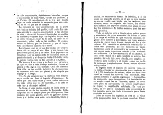 — 74 —
^ las A la colonizacidn, debidamente loteadas, perque
1
© que sucede en San Pedr©, sucede en Ledesma y
en Peric©. El cumplimient© de la ley que manda
dejar en cada estacidn 1
© necesari© para una c©l©-
nia, n© se ve que allf se cumpla.
La estacidn se estd censtruyendo en la parte
mds baja y malsana del pueblo, y allf estan los cam-
pamentos de la empresa constructera y las oficinas
de vfas y obras del ferroearril instaladas en casillas
de madera y vagones baj© un tinglad©, 1
© que hace
' un doble techo, A pesar de lo cual, el calor es in-
sopertable, sobre todo en las casillas. El campa-
mento es infecto, por las basuras y per el lugar,
lleno de charcos cuando yo le visitd.
Le primero que se ve son dos tandas de taba ra-
biosa; allf se juega al aire libre y sin temer. Los
gendarmes pasan, ven y se callan. Los jugadores se
desueflan; uno ha ganado mds de cincuenta pesos, se
queda dormido, y al despertar tenfa el bolsille vacfo.
Lo mismo habfa visto en Rfo Grande y la Cafiada.
Me acerco A un grupo y les hag© ver su lecura;
ya que se dan d este trabaj© acabad©r, lleven si-
quiera al fin alg© d sus familias. Un© me centesta:
Esta vida es tan terrible, la fiebre 1
© abrasa d uno;
no tenemos mds rato de placer y de alegrfa que
el juego y el trag©.
19—AI dfa siguiente per la mafiana bien tempra-
no, el coche me lleva al ingenio «Esperanza». Se
entra por una calle ancha y recta entre cafiavera-
les, mas altos que los de Tucumdn, y la cafla es
mds rica y de mejor calidad.
Se Uega d unas casitas-ranches en Ifnea recta se-
mejantes d los de los ingenios de Tucumdn. Estdn
ocupadas en su may©r parte per chiriguanos, bien
vestidos, de corte gauche, pero de gaucho acomo-
dad©, y al d©blar otra calle, recta tambidn, limpia y
— 75 —
ancha, se encuentran hornos de ladrillos, y al fin
como un pequeflo pueblo, en el que se ven puestos
en que se vende pan, hecho por las mujeres, car-
nicerfas, casas de negocio, una botica, un c©nsul-
t©ri© mddice, un pequeflo hospital, una plaza en que
hay los armazones de told©s matac©s, que han ser-
vido poco ha.
Todo es sobrio, serio y limpio; si no pobre, pare©
y ecendmic©, de gran ecenomfa. Se dobla la calle
y se llega al edificio en que estdn las oficinas, pe-
gadas d los talleres y aserradero, con tres grandes
sierras de carro para trozos, sierras sin fin y cir-
culares. AHf tambidn se advertfa la sobriedad y el
orden mds perfectos. En este momento se hacen
durmientes para el ferroearril y se componen y ha-
cen carros para la prdxima cosecha y les transper-
tes ordinaries. La casa-habitacidn de los duefios, la
sala, como dicen en el pafs, tambidn es sebria, des-
provista de todo lujo pero cdmoda, cen amplios ce-
rredores para sombra'y al frente como un jardfn
de hermosas y esplendorosas flores; nunca vi resas
mds grandes.
El ingenio tiene el aspecto de caserdn viejo, pe-
re contiene todas las maquinarias para elaberar de
6 d 7,000 teneladas de aziicar; ahora no hace sino
5,000, en virtud del acuerdo con Tucumdn. Hay
guarda-volantes y guarda-engranajes y barandillas
de proteccidn, pero incompletas. La instalacidn no
es amplia c©mo las de Tucumdn; apenas lo nece-
sari© para la circulacidn; les techos relativamen-
te bajos; la ventilacidn suficiente. En una pa-
labra, se ve allf la instalacidn mds econdmica de
les ingenios, pero con todo lo necesario para flenar
su objeto mercantil.
Como en todos los ingenios, se estd en la dpoca
de la preparacidn para la prdxima cosecha. Calde-
 