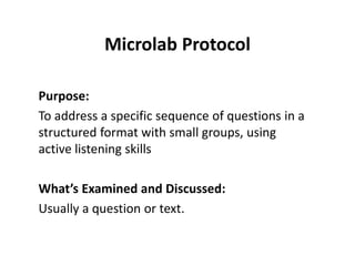 Microlab Protocol
Purpose:
To address a specific sequence of questions in a
structured format with small groups, using
active listening skills
What’s Examined and Discussed:
Usually a question or text.
 