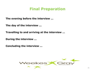 Final Preparation The evening before the interview ... The day of the interview ... Travelling to and arriving at the interview ... During the interview ... Concluding the interview ...  