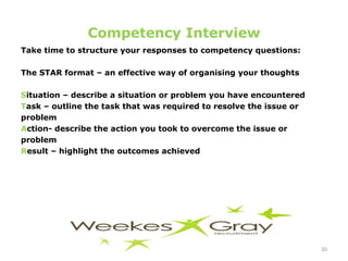 Competency Interview Take time to structure your responses to competency questions: The STAR format – an effective way of organising your thoughts S ituation – describe a situation or problem you have encountered T ask – outline the task that was required to resolve the issue or  problem A ction- describe the action you took to overcome the issue or  problem R esult – highlight the outcomes achieved 