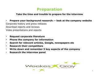 Preparation Take the time and trouble to prepare for the interview Prepare your background research: – look at the company website Corporate history and press releases Download reports and reviews Video presentations and reports Request corporate literature  Phone the company for information Search for relevant articles, Google, newspapers etc  Research their competitors Write down and remember 5 key aspects of the company Research the interview panel 