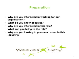 Preparation Why are you interested in working for our organisation? What do you know about us? Why are you interested in this role? What can you bring to the role? Why are you looking to pursue a career in this industry? 