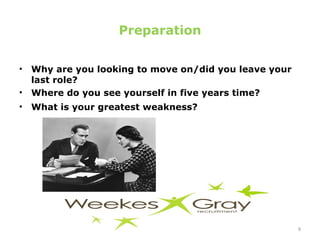 Preparation Why are you looking to move on/did you leave your last role? Where do you see yourself in five years time? What is your greatest weakness? 