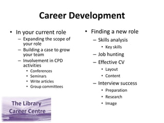 Career DevelopmentFinding a new roleSkills analysisKey skillsJob huntingEffective CVLayoutContentInterview successPreparationResearchImageIn your current roleExpanding the scope of your roleBuilding a case to grow your teamInvolvement in CPD activitiesConferencesSeminarsWrite articlesGroup committees