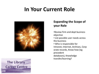 In Your Current RoleExpanding the Scope of your Role Review firm and dept business objective