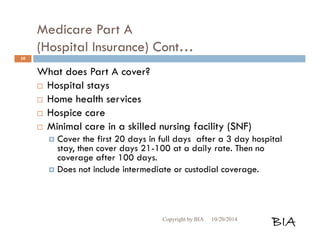 Medicare Part A 
(Hospital Insurance) Cont… 
What does Part A cover? 
 Hospital stays 
 Home health services 
 Hospice care 
 Minimal care in a skilled nursing facility (SNF) 
 Cover the first 20 days in full days after a 3 day hospital 
stay, then cover days 21-100 at a daily rate. Then no 
coverage after 100 days. 
 Does not include intermediate or custodial coverage. 
Copyright by BIA 10/20/2014 BIA 
10 
 