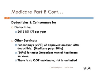 Medicare Part B Cont… 
Deductibles & Coinsurance for 
 Deductible: 
 2013 [$147] per year 
 Other Services: 
 Patient pays [20%] of approved amount, after 
deductible. {Medicare pays 80%} 
 [50%] for most Outpatient mental healthcare 
services. 
 There is no OOP maximum, risk is unlimited 
Copyright by BIA 10/20/2014 BIA 
15 
 