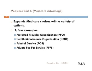 Medicare Part C (Medicare Advantage) 
 Expands Medicare choices with a variety of 
options. 
 A few examples: 
 Preferred Provider Organization (PPO) 
 Health Maintenance Organization (HMO) 
 Point of Service (POS) 
 Private Fee For Service (PFFS) 
Copyright by BIA 10/20/2014 BIA 
19 
 