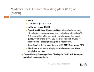 Medicare Part D prescription drug plans (PDP) or 
(MAPD) 
 2014 
 Deductible $310 for RX. 
 Initial coverage $2850 
 Doughnut Hole or Coverage Gap: Most Medicare drug 
plans have a coverage gap (also called the “donut hole”). 
This means that after you and your drug plan has spent 
$285, you have to pay 72% for generics and 47.5% for 
brand name prescriptions up to a yearly limit. 
 Catastrophic Coverage: Once paid $4550 then pays 95% 
 Medicare print out is simply an estimate of the plans 
available to you. 
 Donut Hole or Coverage Gap Closing: In 2020 will be same 
as initial coverage Limit. 
Copyright by BIA 10/20/2014 BIA 
38 
 